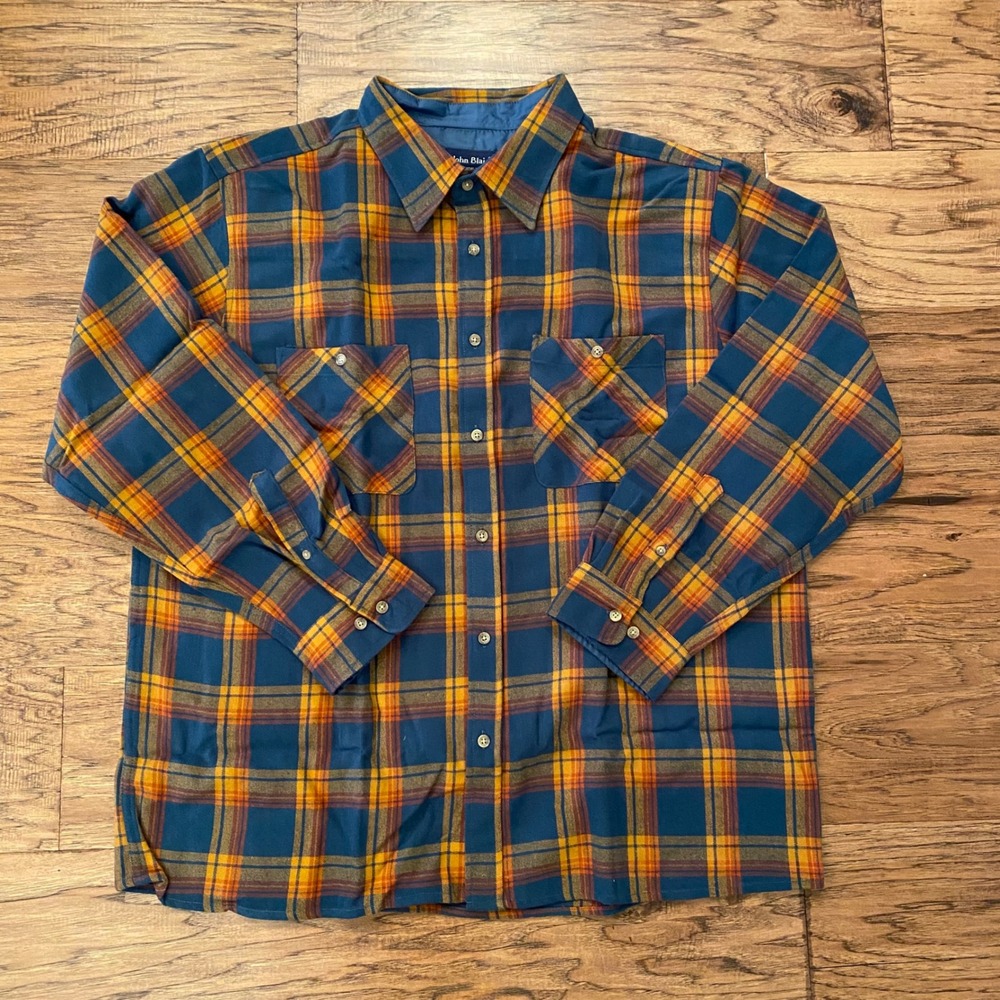 John Blair Flannel Shirt Mens XLG Blue Orange Plaid Long Sleeve Button Up